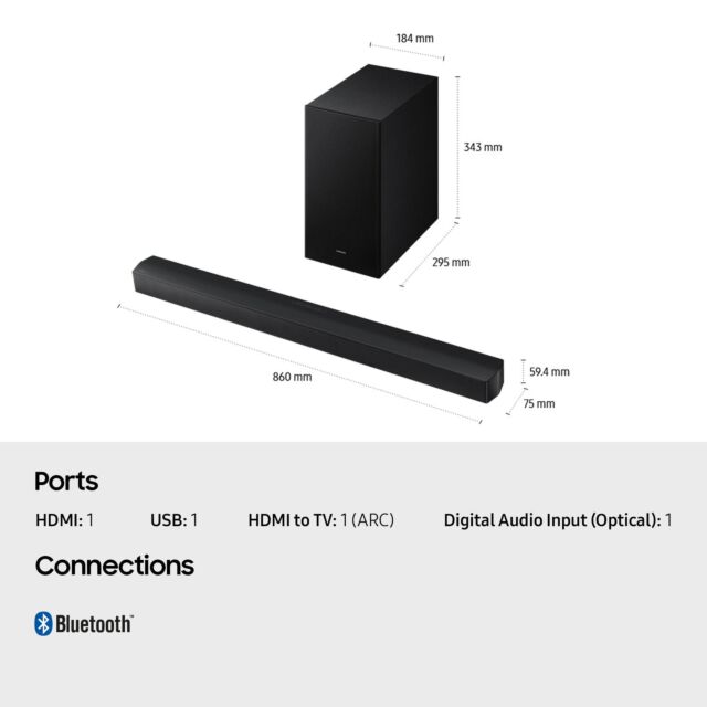 Samsung HW-B650F/XU 3.1ch 370W Soundbar with Wireless Subwoofer Bass Boost and Game Mode - Black