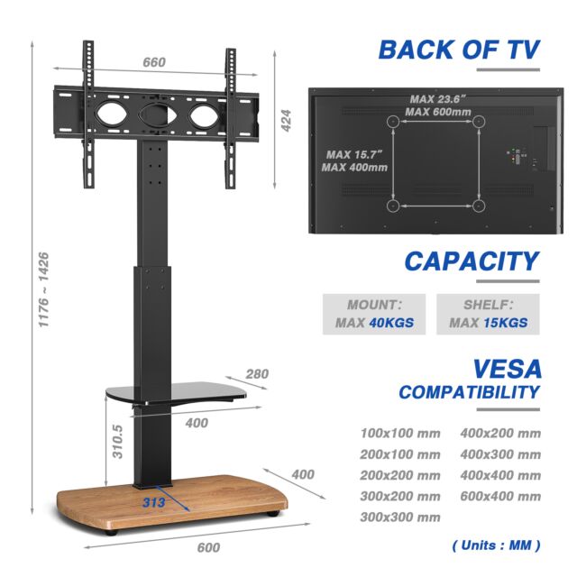 TTAP FS1-OAK Fs1 Floor Pedestal TV Stand In Oak, Upto 65inch, 7 Height Positions, Max 40Kg