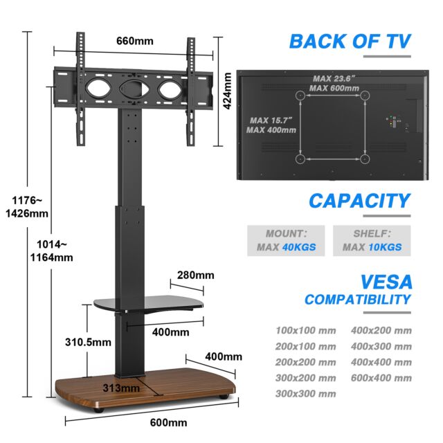 TTAP FS1-WAL Fs1 Floor Pedestal TV Stand In Walnut, Upto 65inch, 7 Height Positions, Max 40Kg
