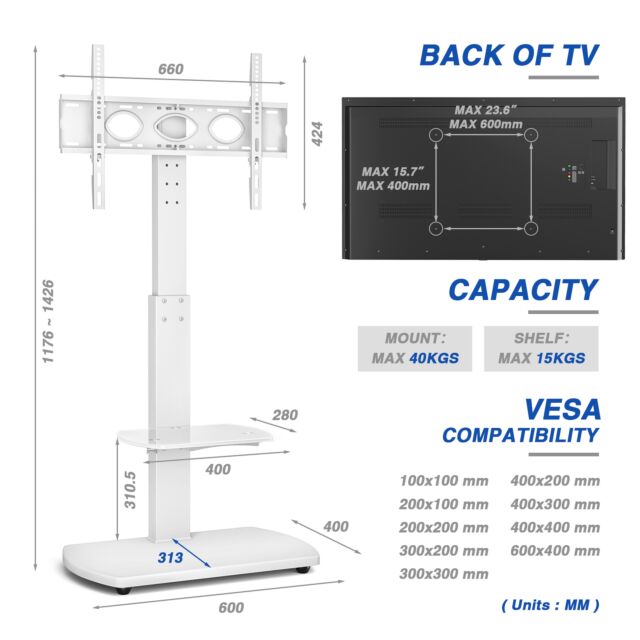 TTAP FS1-WHT Fs1 Floor Pedestal TV Stand In White, Upto 65inch, 7 Height Positions, Max 40Kg